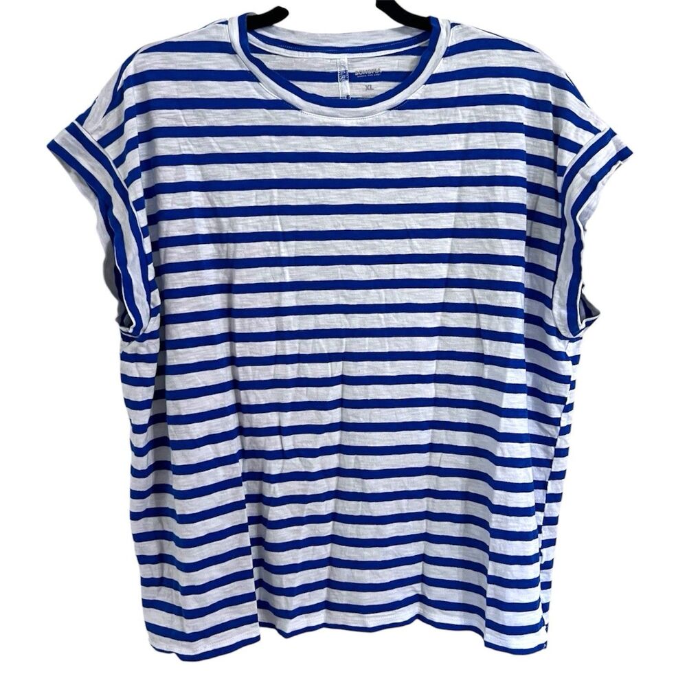 Women’s Blue White Striped Sonoma Casual Tshirt Cap Sleeve Crew Neck Tee Size XL